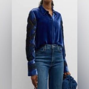 Kobi Halperin.
Atlas Beaded Embroidered
Velvet Blouse - Steel Blue
.